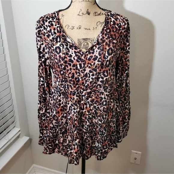 BEACHLUNCHLOUNGE leopard print tiered boho peasant tunic‎ size small NEW!!!! - Picture 1 of 8